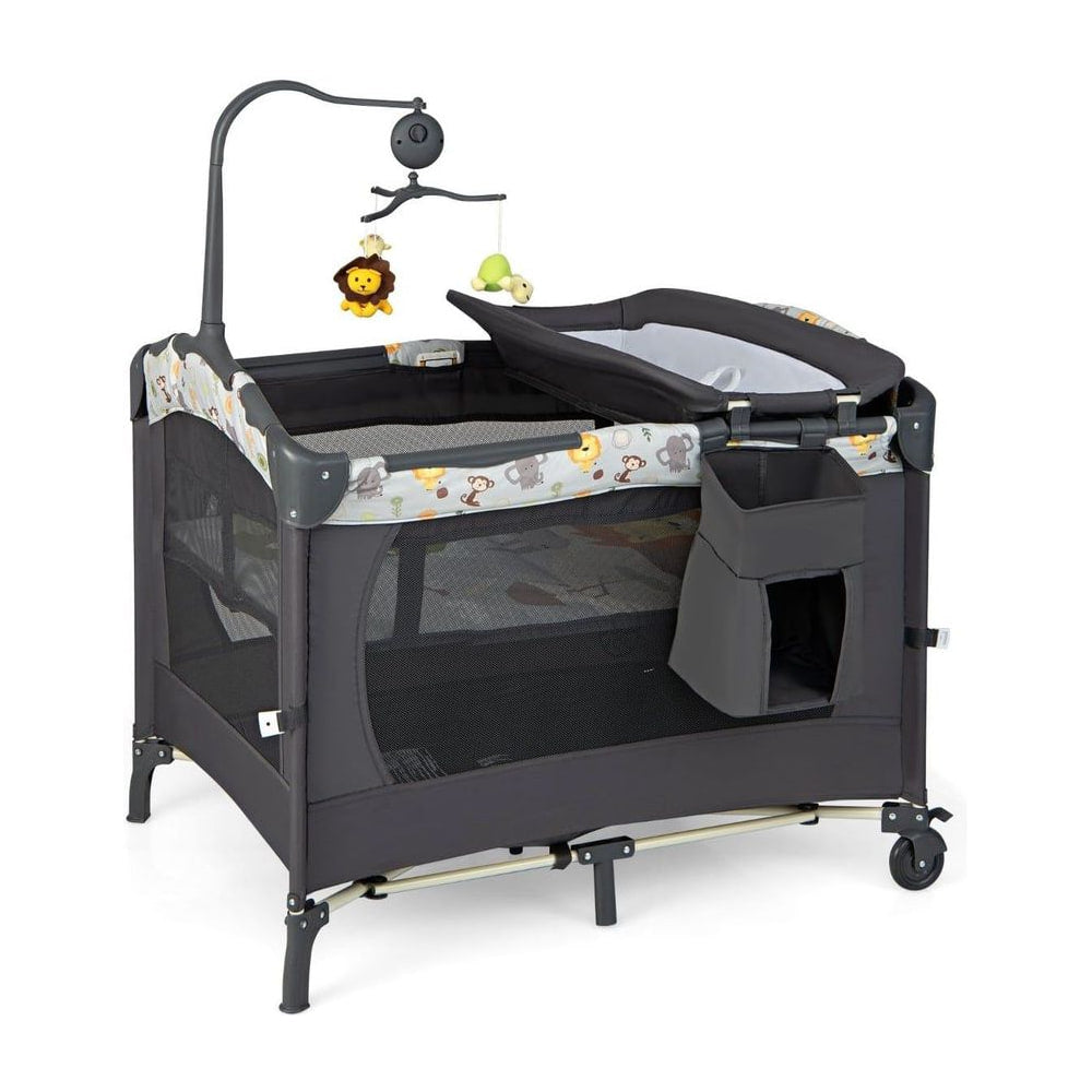 3-in-1 Foldable Baby Travel Cot with a changing table, mobile and storage pocket in dark grey