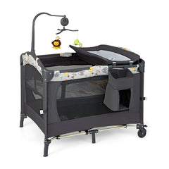 3-in-1 Foldable Baby Travel Cot with a changing table, mobile and storage pocket in dark grey