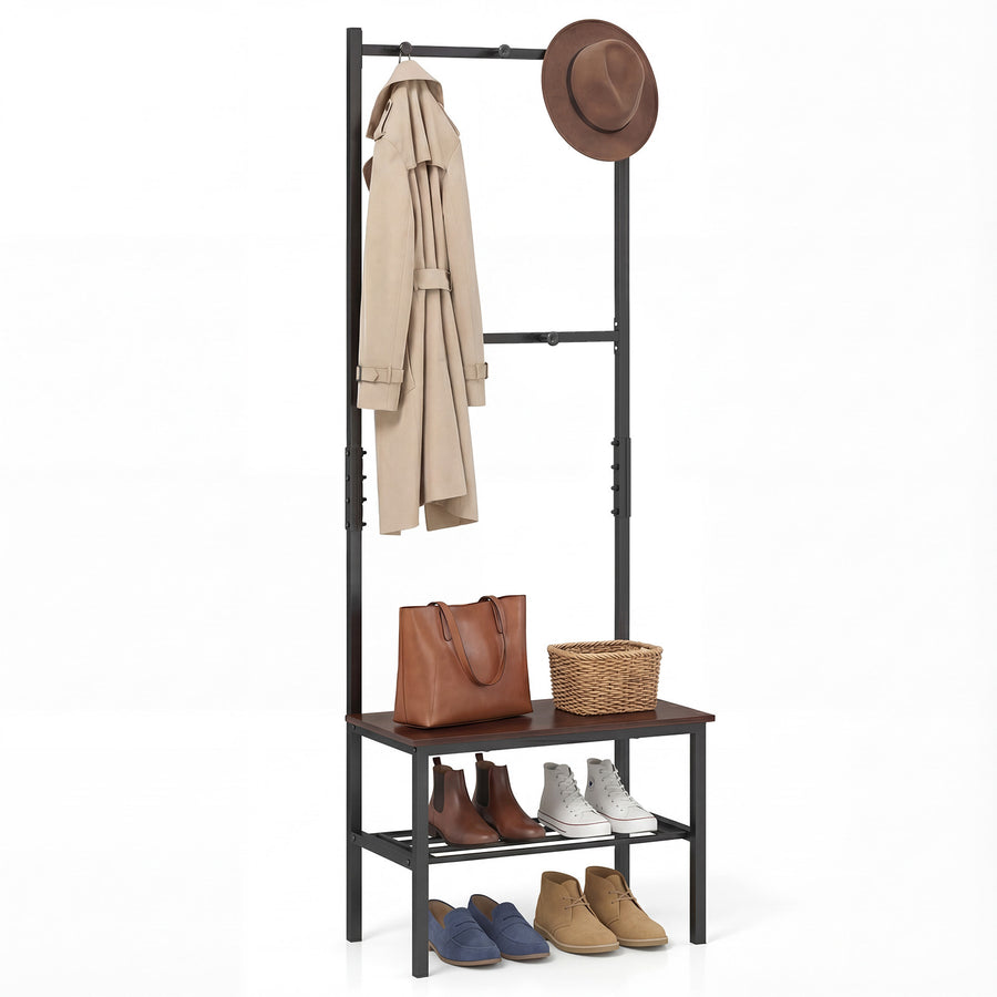 3-in-1 Freestanding Entryway Bench with hooks and shoe storage, a coat and hat are on the hooks, and shoes are on the shelves