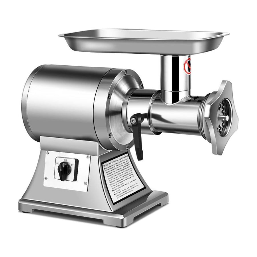 3-in-1 Meat Mincer and Sausage Stuffer Maker in silver with a top tray and a front control dial