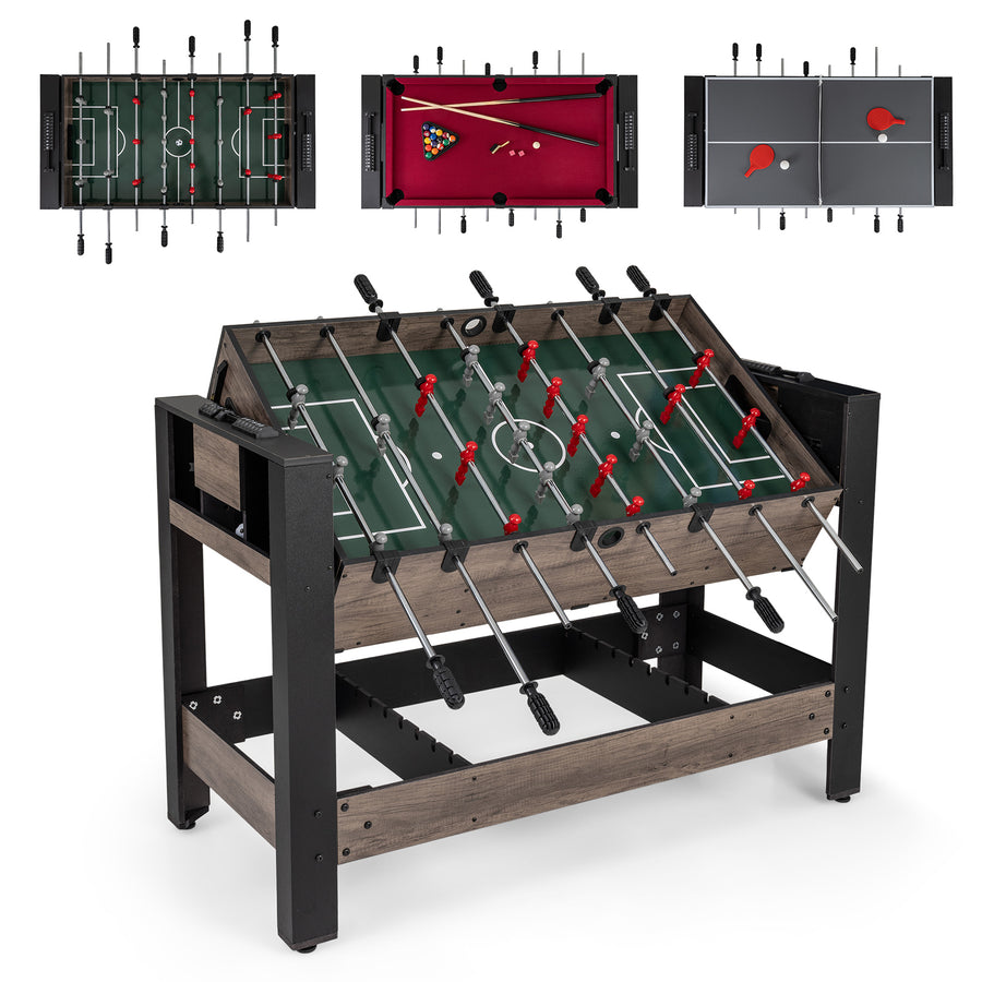 3-in-1 124CM Swivel Game Table with Foosball Pool Billiards Table Tennis-Brown