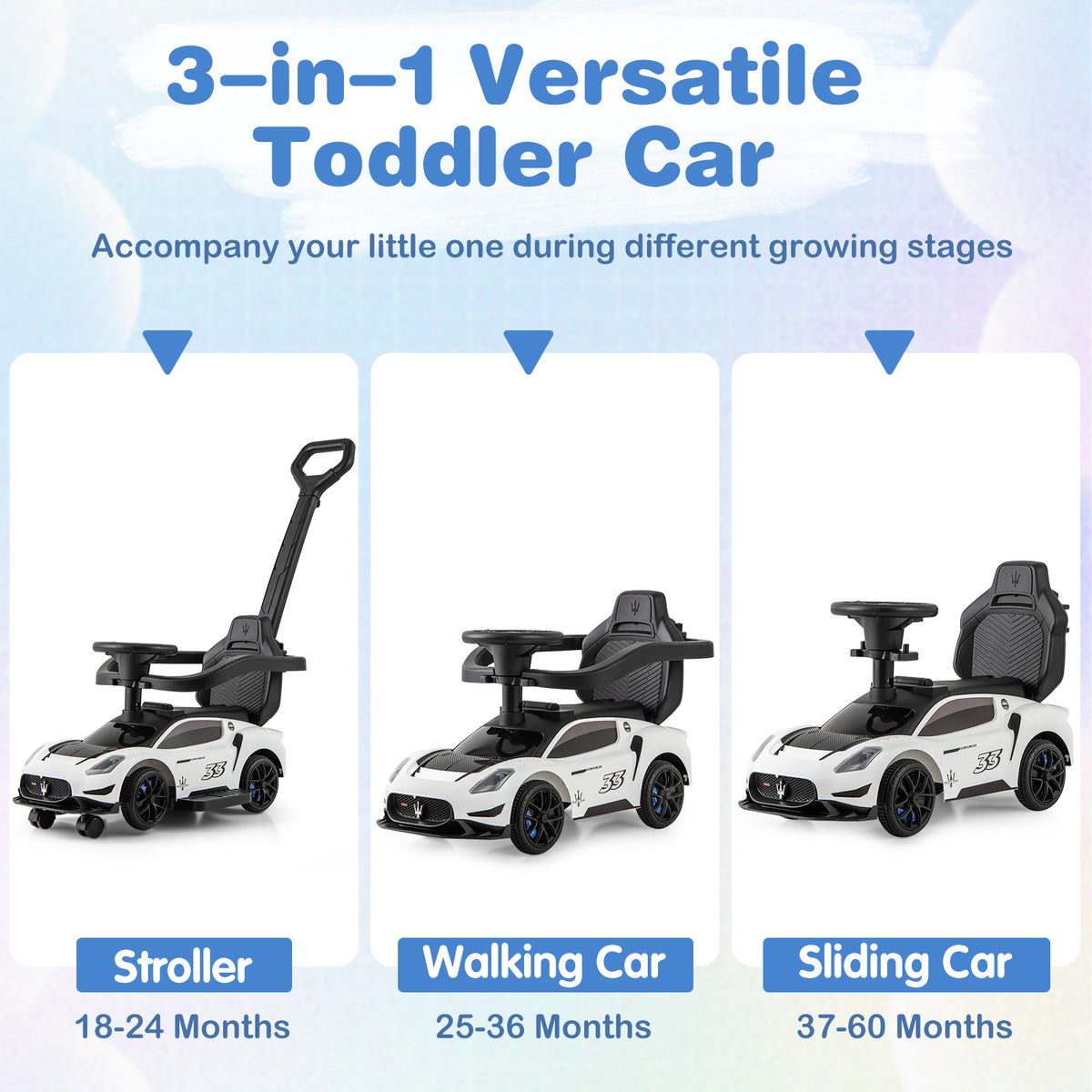 3-in-1 Ride on Push Car with 2 Universal Wheels, Music Steering, Guardrail and Handlebar-White
