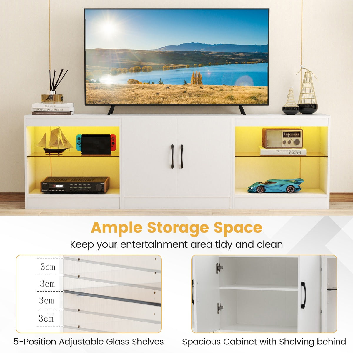 3-in-1 Entertainment Center with Adjustable Glass Shelves-White