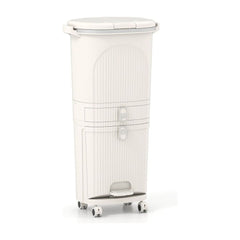 3-Layer Sorting Trash Bin with 2 Removable Buckets in beige, a tall kitchen bin with a pedal and wheels