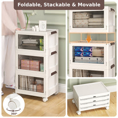 3-Pack Stackable Storage Bins with Lockable Wheels for Dorm Pantry Bedroom-White