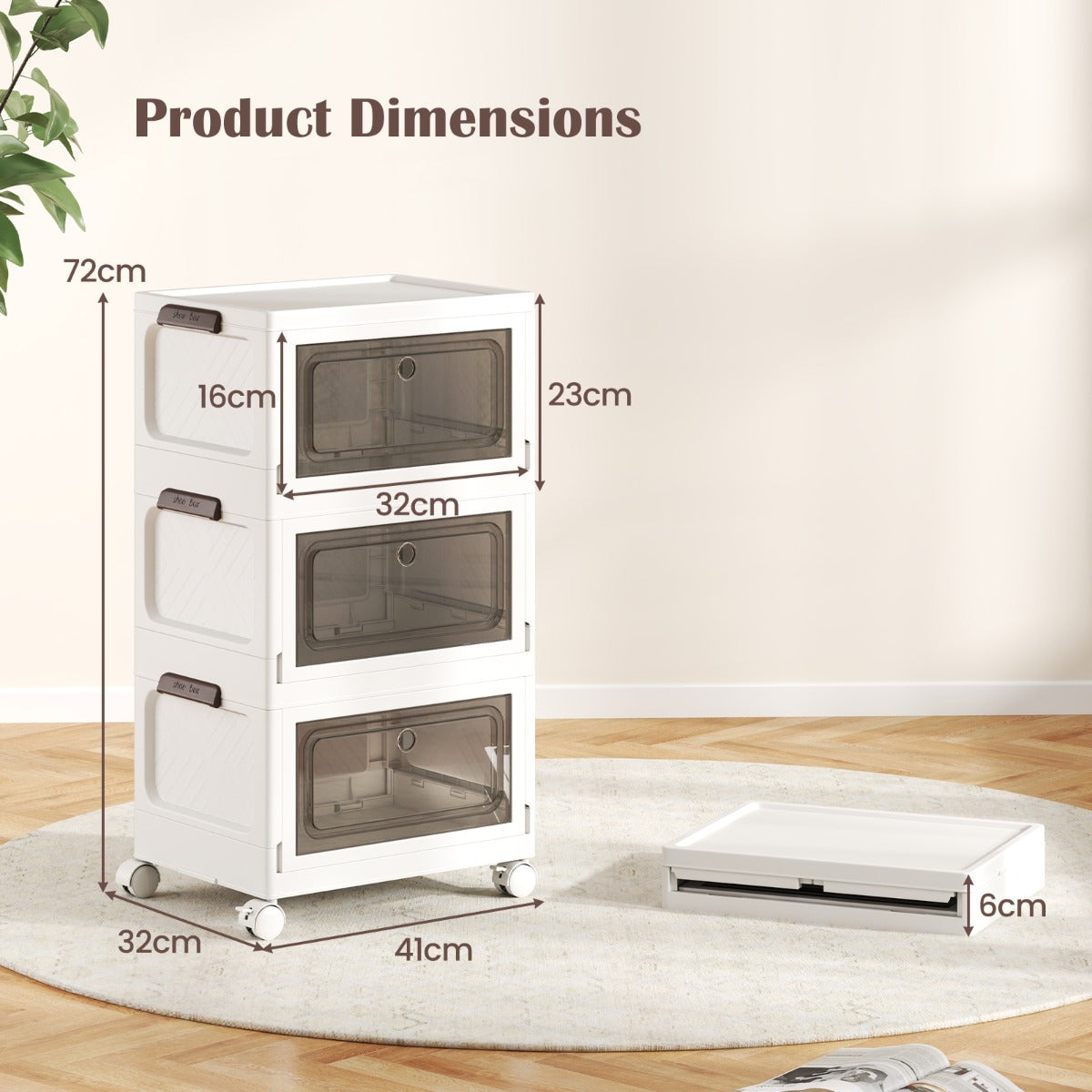 3-Pack Stackable Storage Bins with Lockable Wheels for Dorm Pantry Bedroom-White