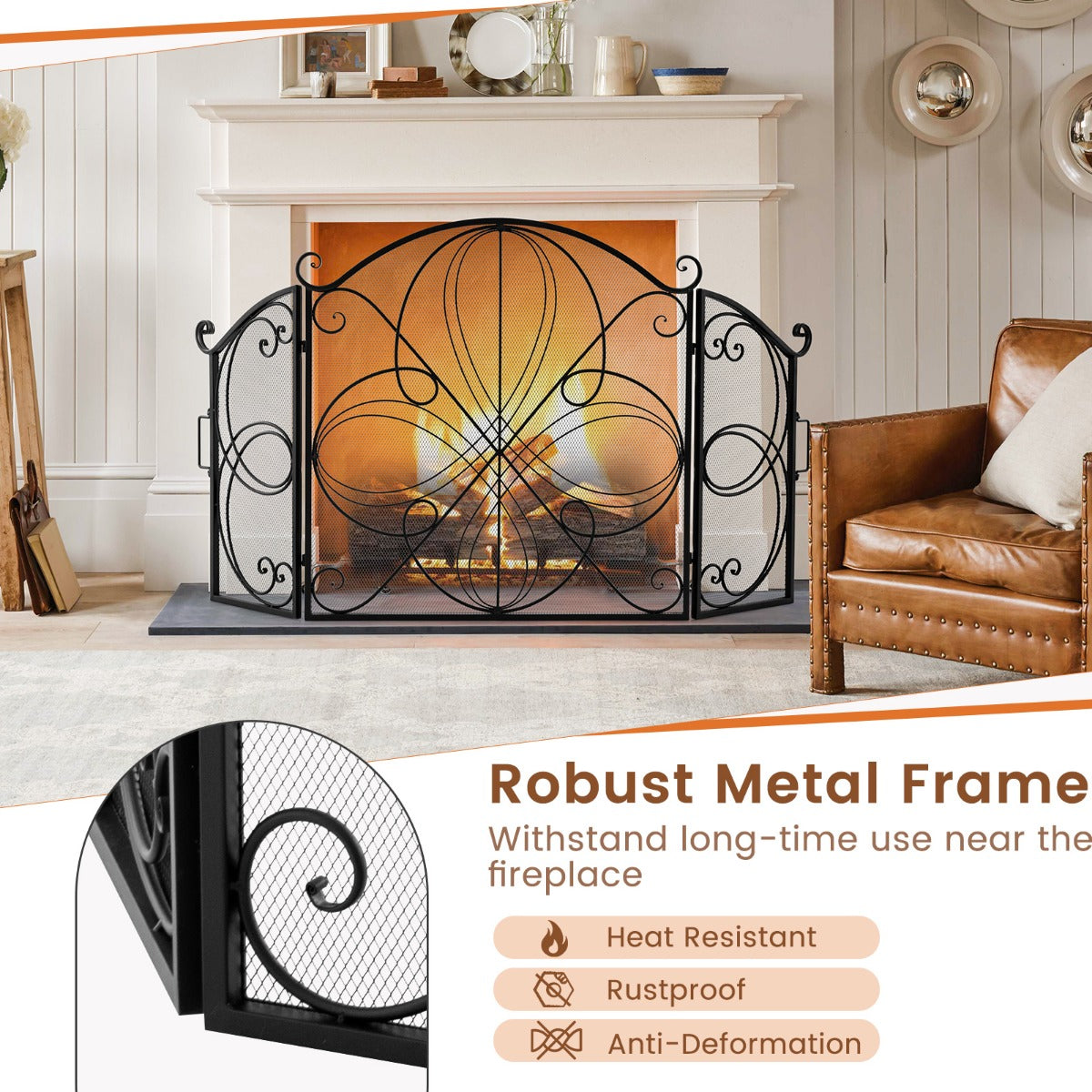 3-Panel Folding Spark Guard with Floral Pattern for Living Room