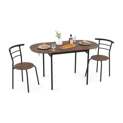 3 Pcs Foldable Dining Table Set with two chairs and an oval tabletop fully extended for dining