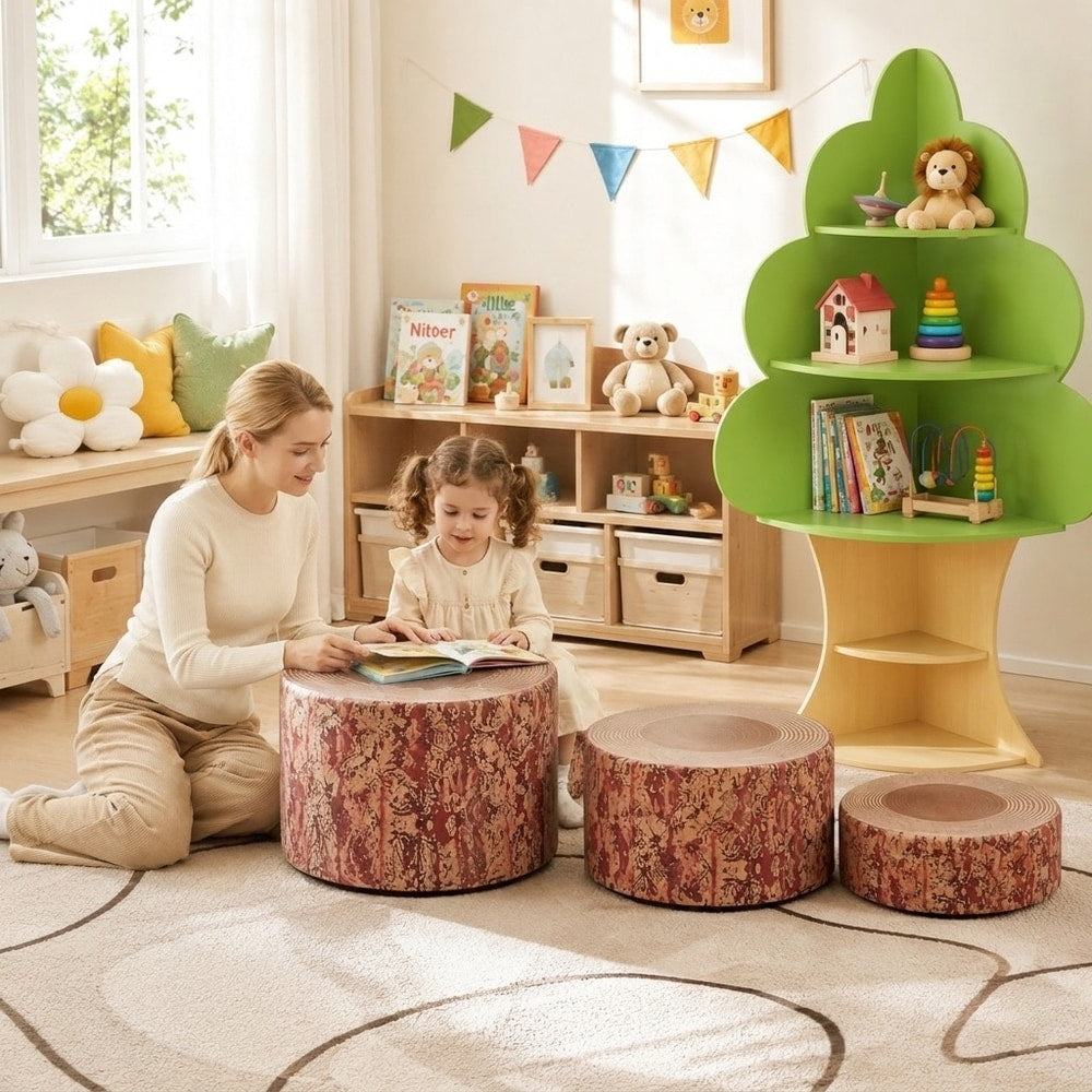 3 PCS Tree Stump Stool Set and Kids Tree Bookshelf Bundle shown in a nursery room with a child and adult