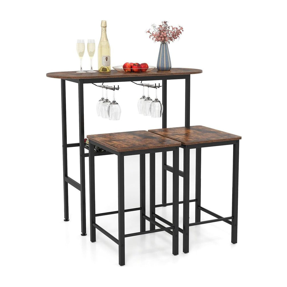 3 Piece Counter Height Table Set oval dining table with two stools and wine rack