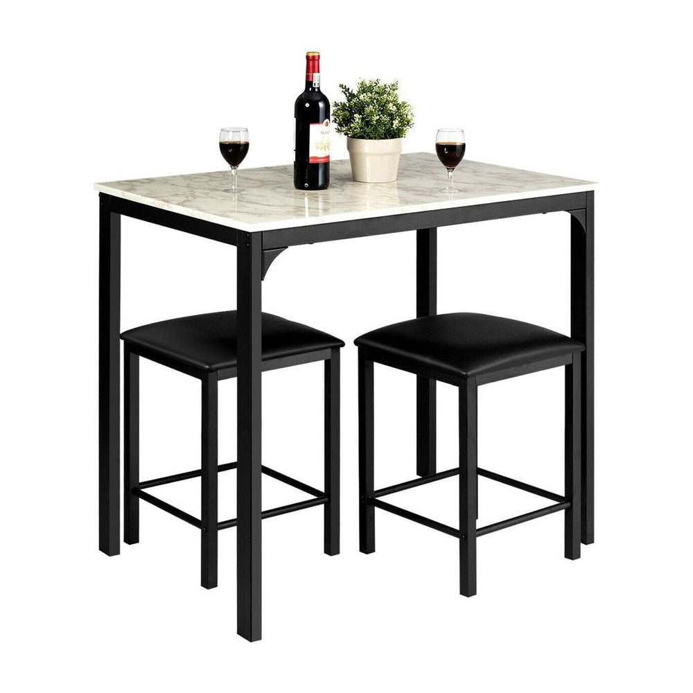 3 Piece Dining Table Set with 2 Faux Leather Backless Stools-White