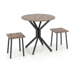 3-Pieces Drop Leaf Dining Table Set with a round rustic brown top and two matching square stools