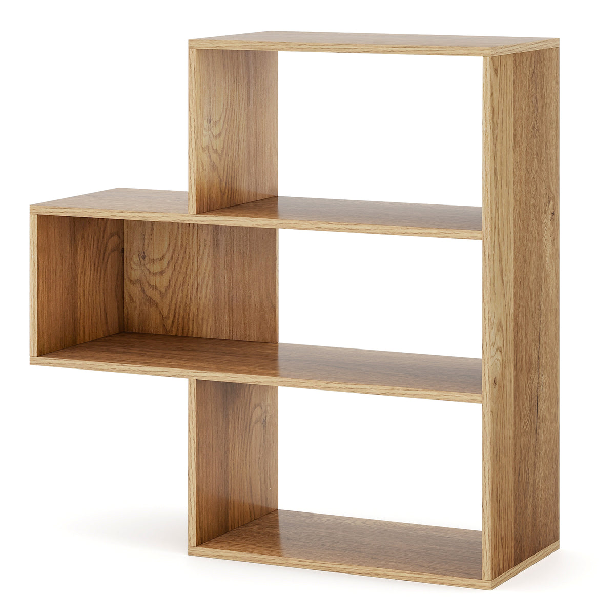 A close-up of the wooden 3-tier bookcase showing its unique irregular shape and open back design