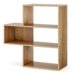 A close-up of the wooden 3-tier bookcase showing its unique irregular shape and open back design