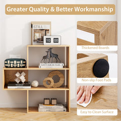 Close-up details of the wooden bookcase including thickened boards and non-slip foot pads
