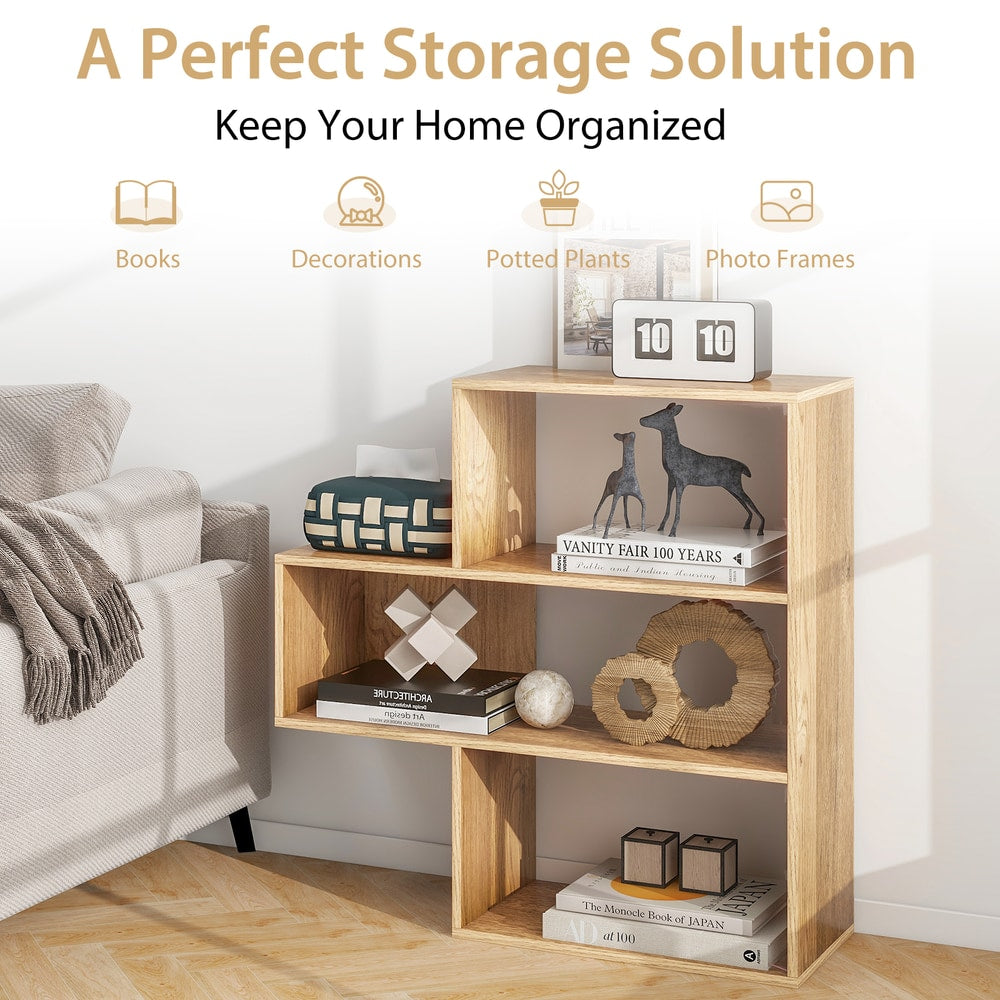 This natural wood bookcase displays books, photo frames and decorative items on its shelves