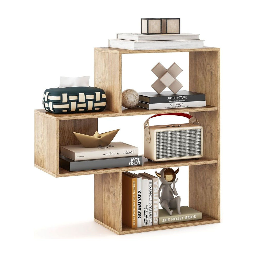 3-tier Bookshelf Irregular Open Back Bookcase with 3 Cubes, a modern wooden shelving unit with open compartments