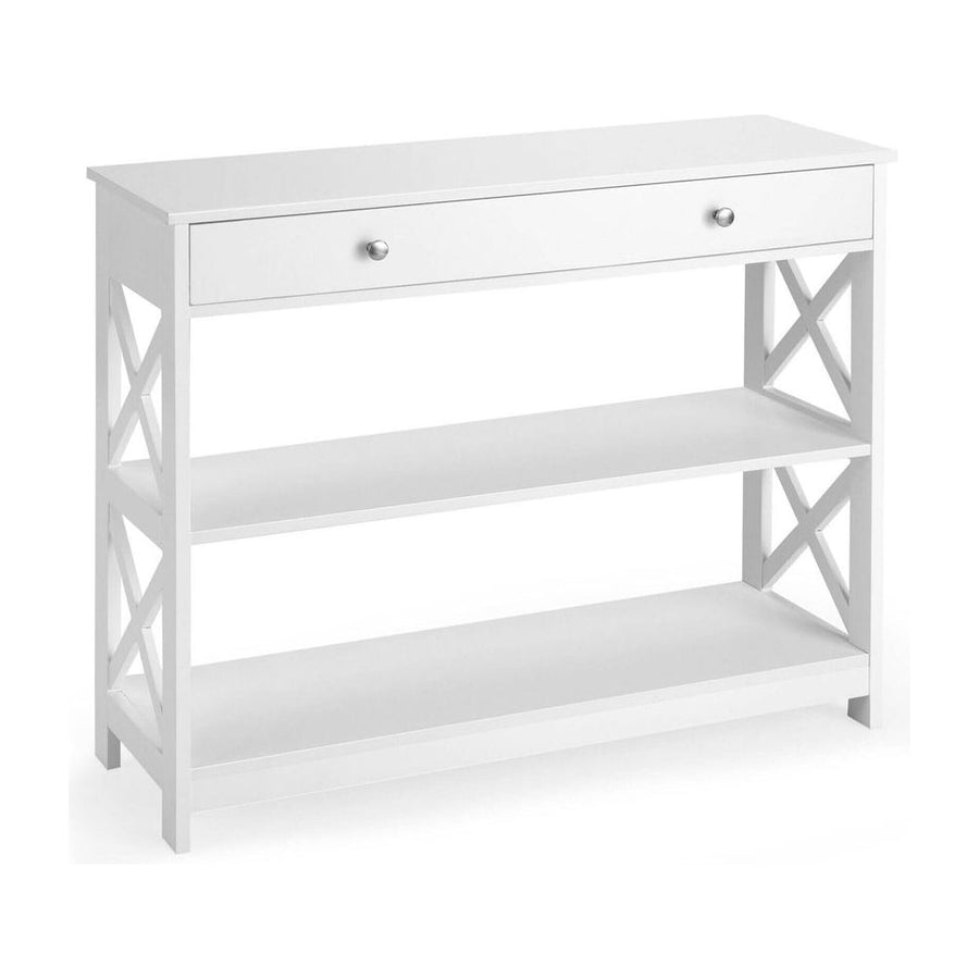 3-Tier Console Table with a single drawer and two open shelves in a plain white finish