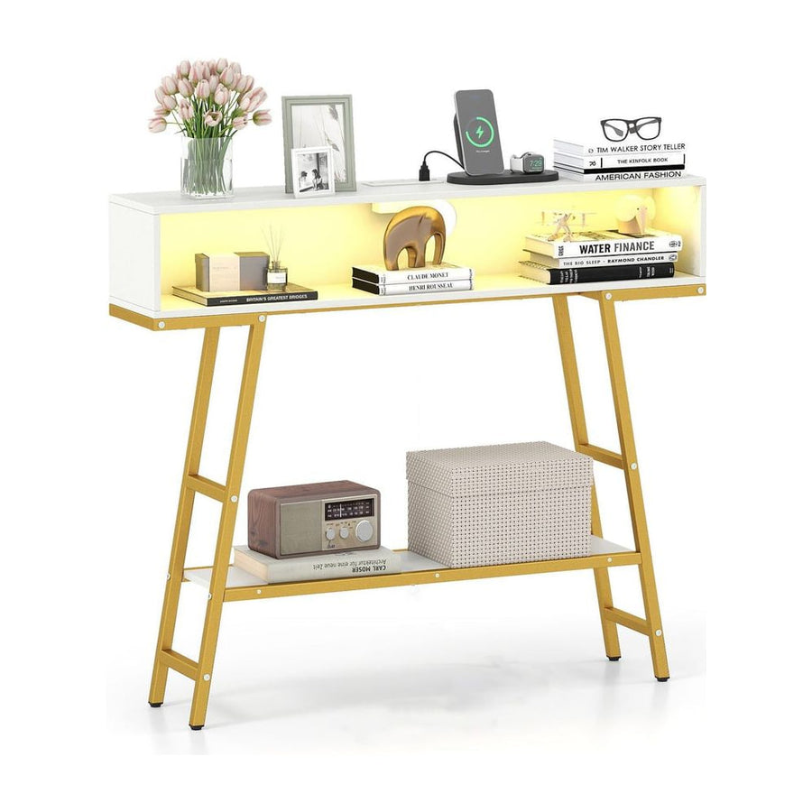 3-Tier Console Table with LED Light and Charging Station in white with gold legs, shown against a white background