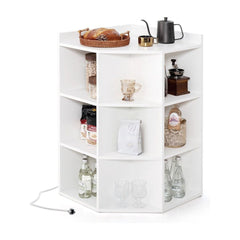 3-Tier Corner Cabinet with Charging Station and 9 Cubbies filled with kitchen items on a white background