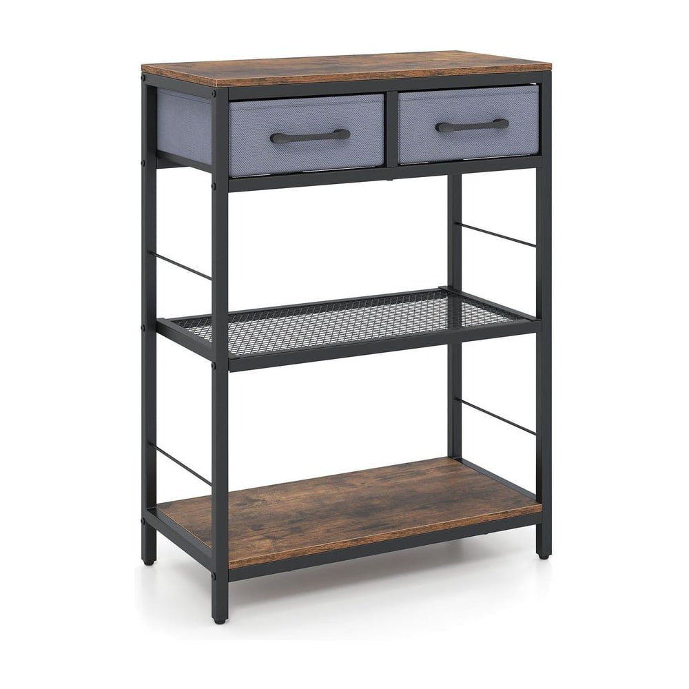 3-Tier Narrow Console Table with rustic brown wood effect top and shelves and grey fabric drawers