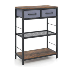 3-Tier Narrow Console Table with rustic brown wood effect top and shelves and grey fabric drawers