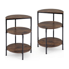 3-Tier Round Side Table Set of 2 with storage shelves and metal frame in rustic brown