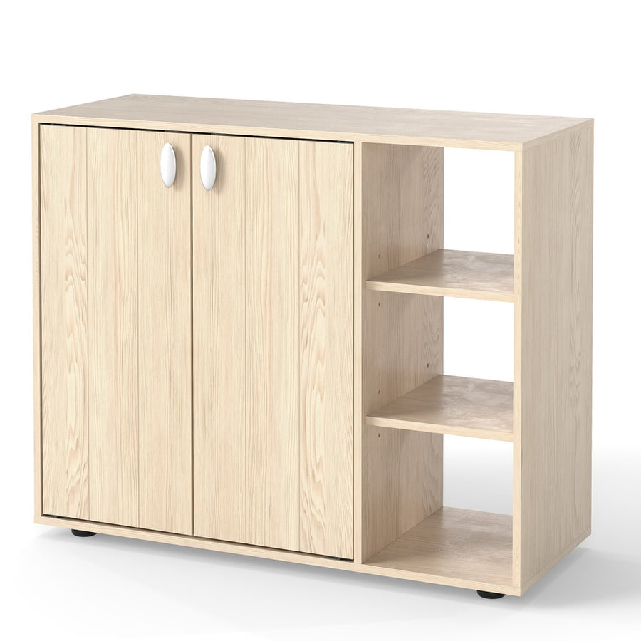 3-Tier Shoe Cabinet with Doors and Adjustable Open Shelves in a light wood finish