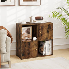 Rustic brown wood effect cube storage unit with two doors in a living room setting