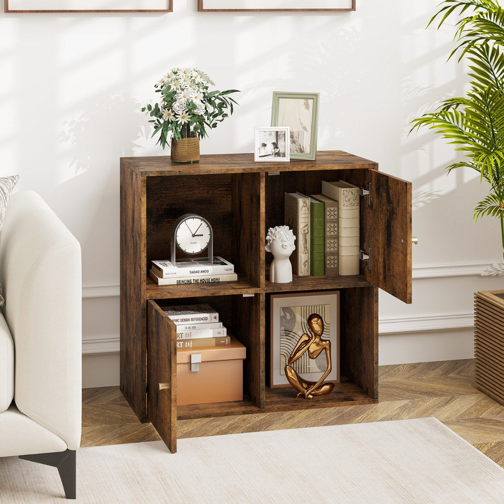 Open doors on the rustic brown wood effect cube storage unit showing storage inside