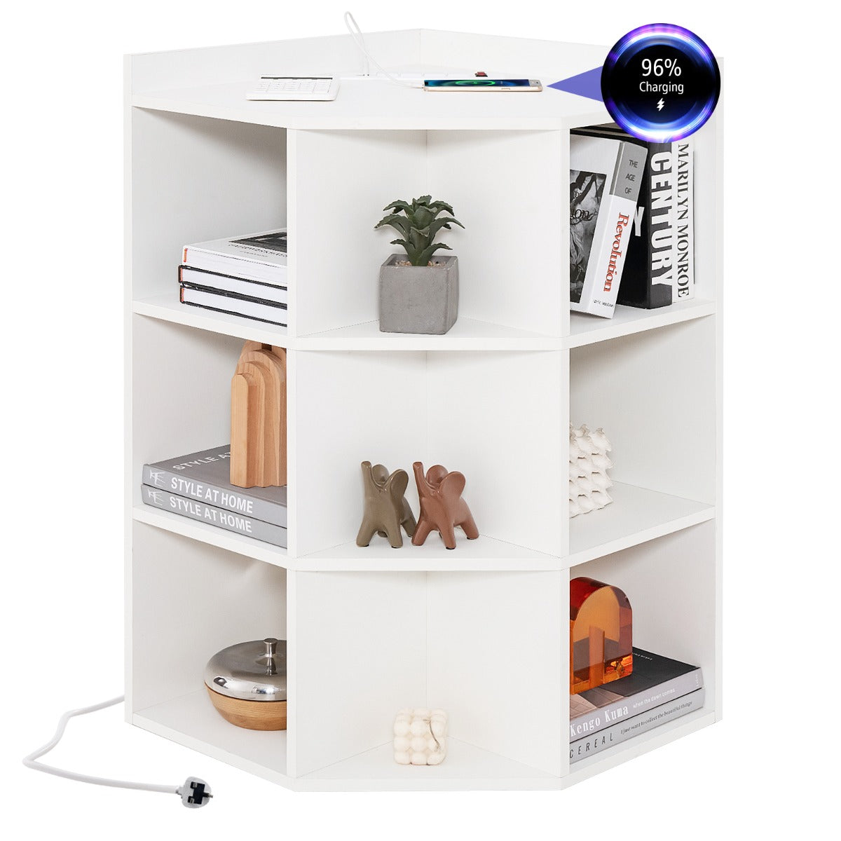 The white corner cabinet showing a phone charging on the top surface with a digital indicator