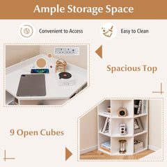The white corner cabinet showing details of the charging port and the nine storage compartments