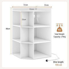 The white corner cabinet with technical lines and arrows indicating its overall dimensions