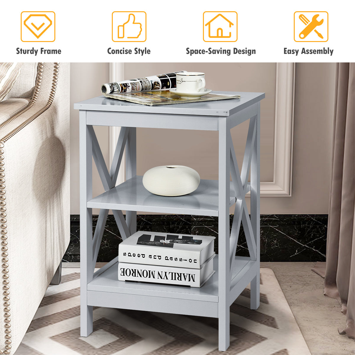 3-Tier Wooden Side table / Bedside Table -Grey