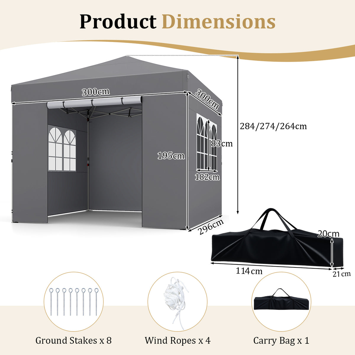 3 x 3 m Pop Up Canopy with 4 Sidewalls and Adjustable Height-Grey