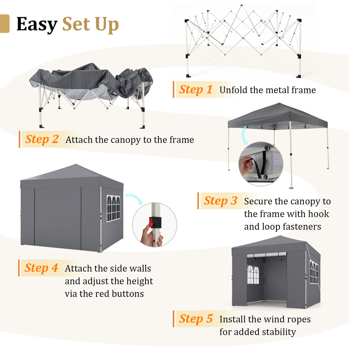 3 x 3 m Pop Up Canopy with 4 Sidewalls and Adjustable Height-Grey