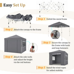 3 x 3 m Pop Up Canopy with 4 Sidewalls and Adjustable Height-Grey