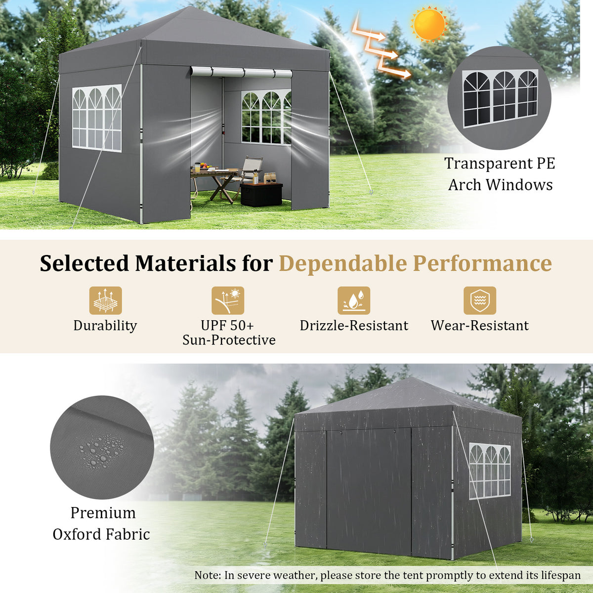 3 x 3 m Pop Up Canopy with 4 Sidewalls and Adjustable Height-Grey