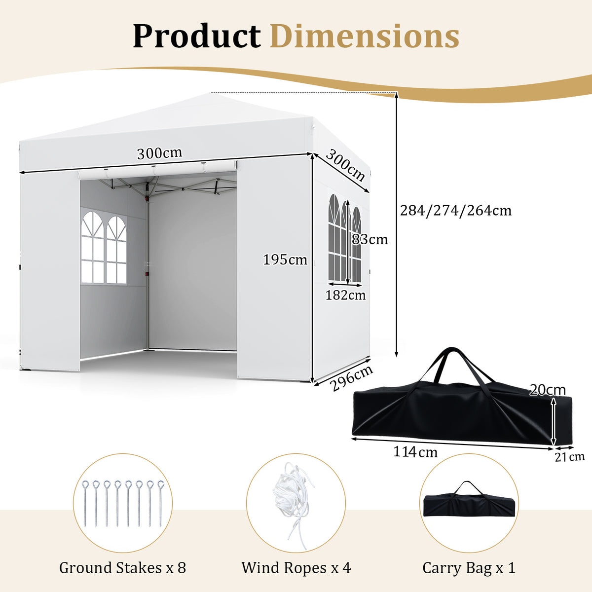 3 x 3 m Pop Up Canopy with 4 Sidewalls and Adjustable Height-White