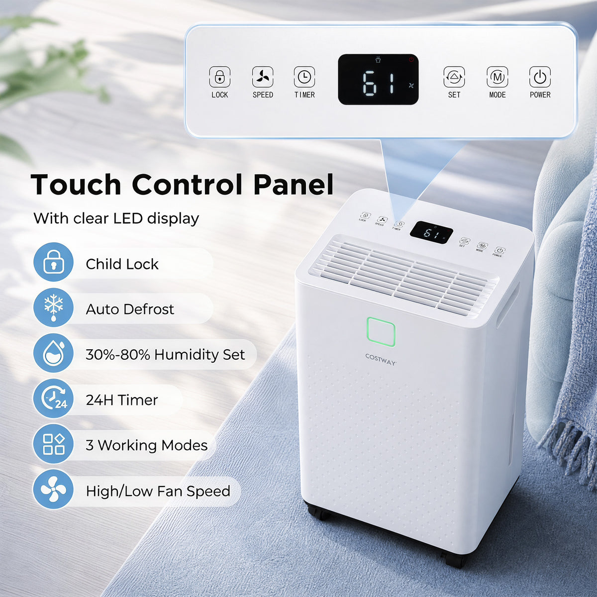 30㎡ Home Dehumidifier with 3 Modes 24H Timer Drain Hose and Smart Humidity Control-White