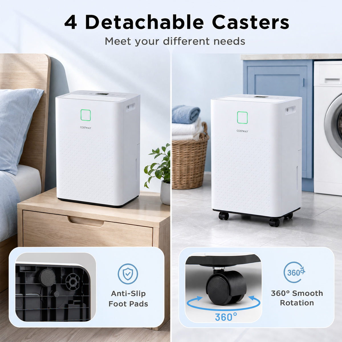 30㎡ Home Dehumidifier with 3 Modes 24H Timer Drain Hose and Smart Humidity Control-White