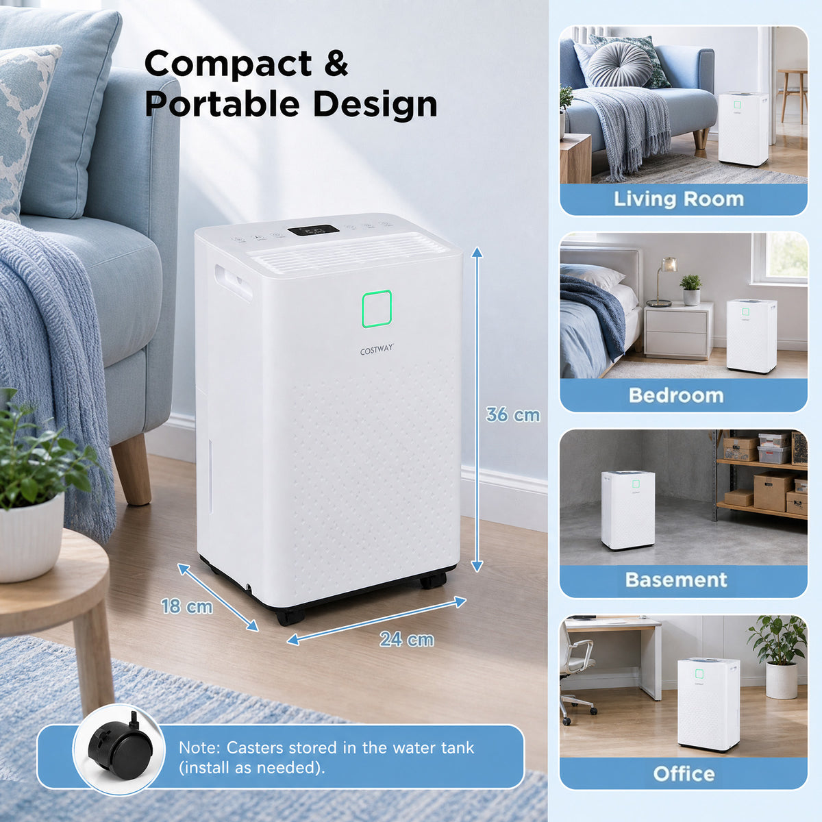 30㎡ Home Dehumidifier with 3 Modes 24H Timer Drain Hose and Smart Humidity Control-White