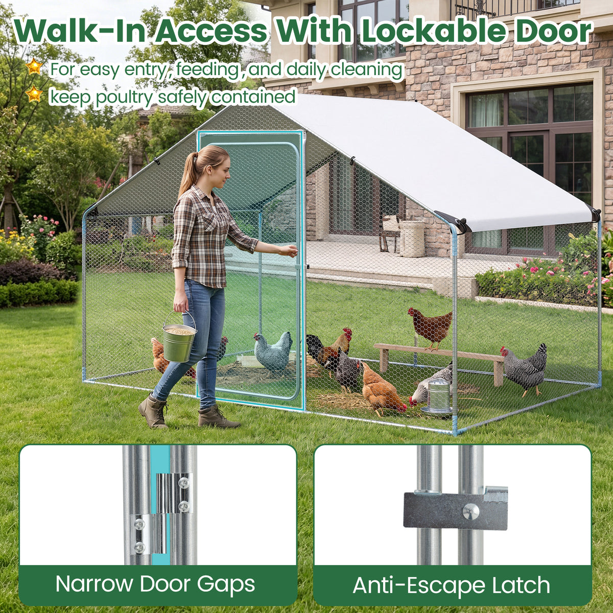 300 x 203 x 202 CM Walk-in Chicken Run with Waterproof Cover for Backyard