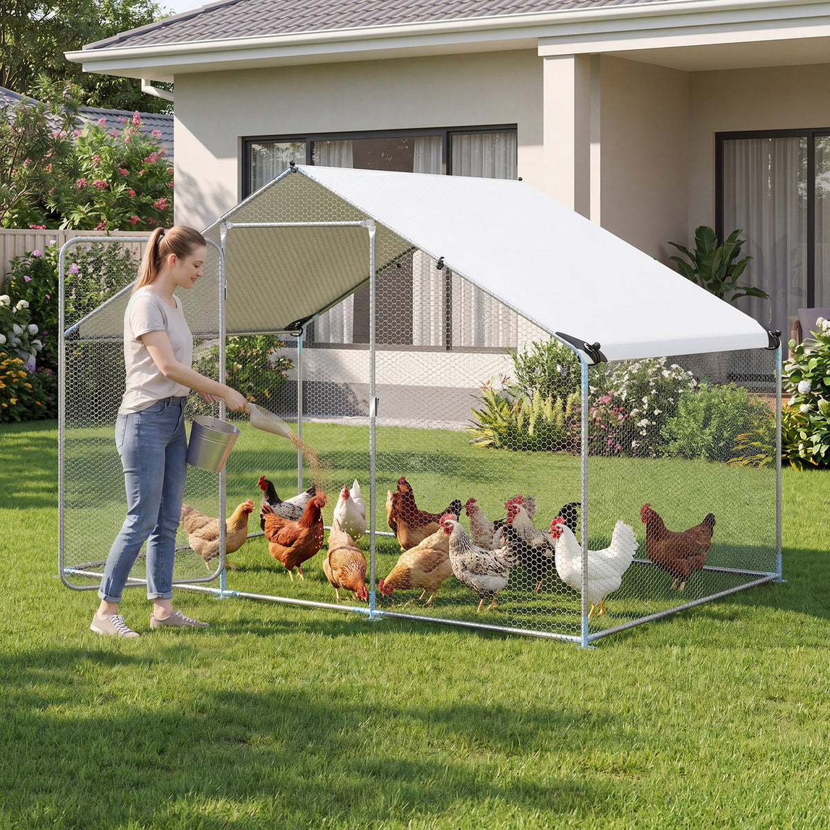 300 x 203 x 202 CM Walk-in Chicken Run with Waterproof Cover for Backyard