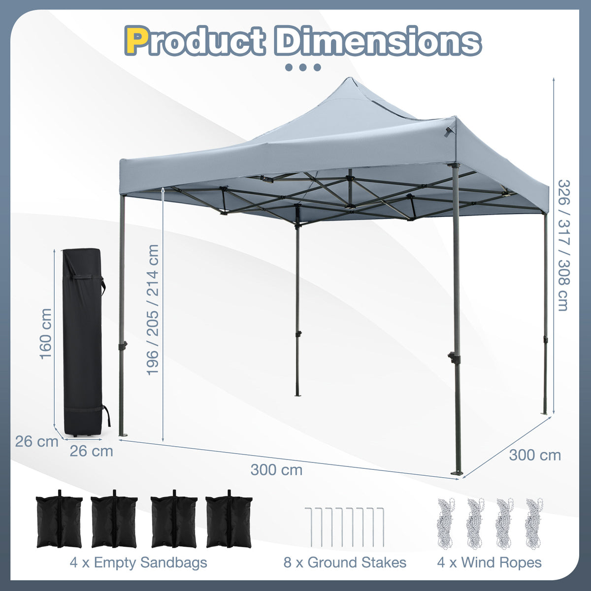 300 x 300 cm Outdoor Pop up Canopy Tent with Wheeled Bag-Grey