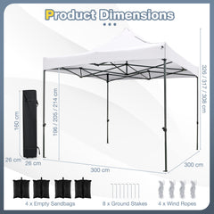300 x 300 cm Outdoor Pop up Canopy Tent with Wheeled Bag-White