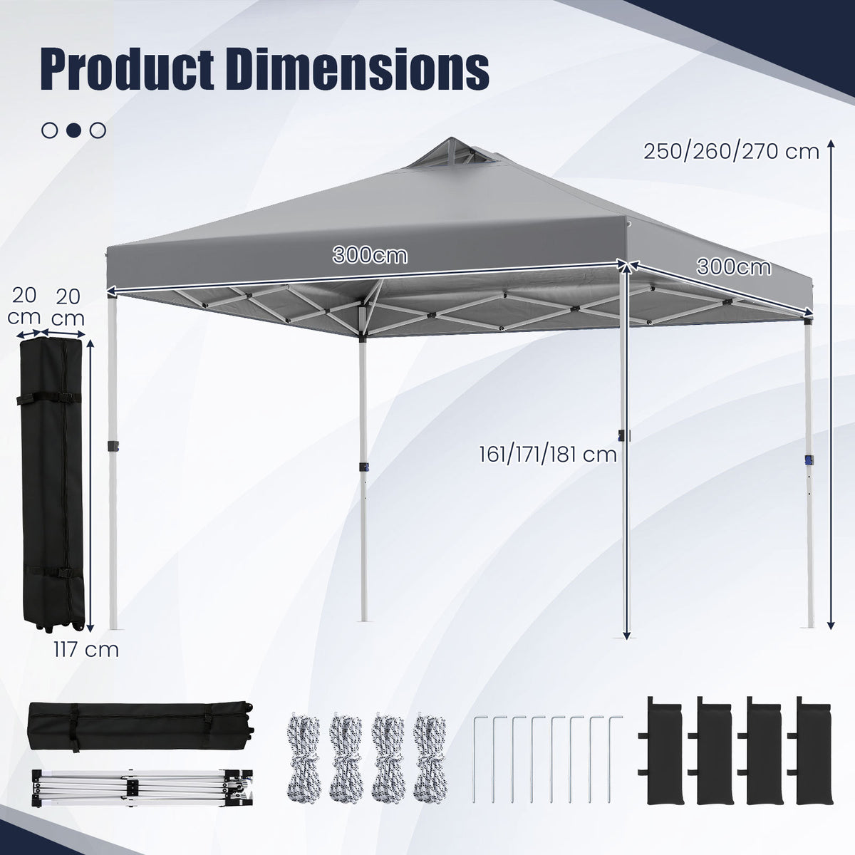 300 x 300 cm Pop up Canopy Tent 1 Person Easy Setup Gazebo Shelter with 1 Button Push-Grey