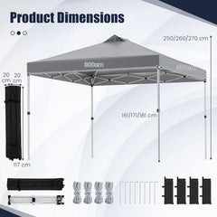 300 x 300 cm Pop up Canopy Tent 1 Person Easy Setup Gazebo Shelter with 1 Button Push-Grey