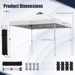 300 x 300 cm Pop up Canopy Tent 1 Person Easy Setup Gazebo Shelter with 1 Button Push-White