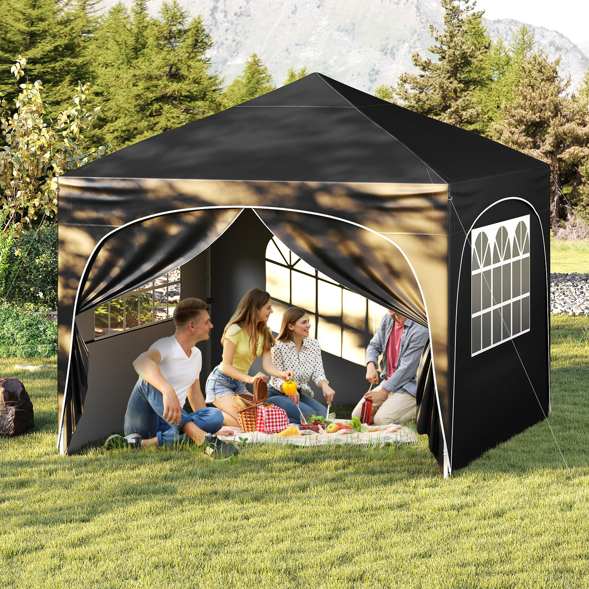 300 x 300 cm Pop up Canopy Tent with 4 Removable Sidewall and Wheeled Bag-Black